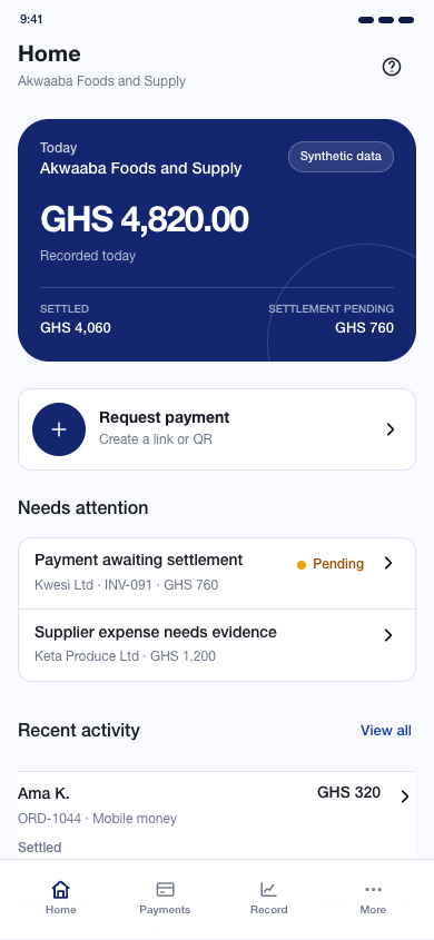 QymmoPay mobile product preview with sample payments and settlement data